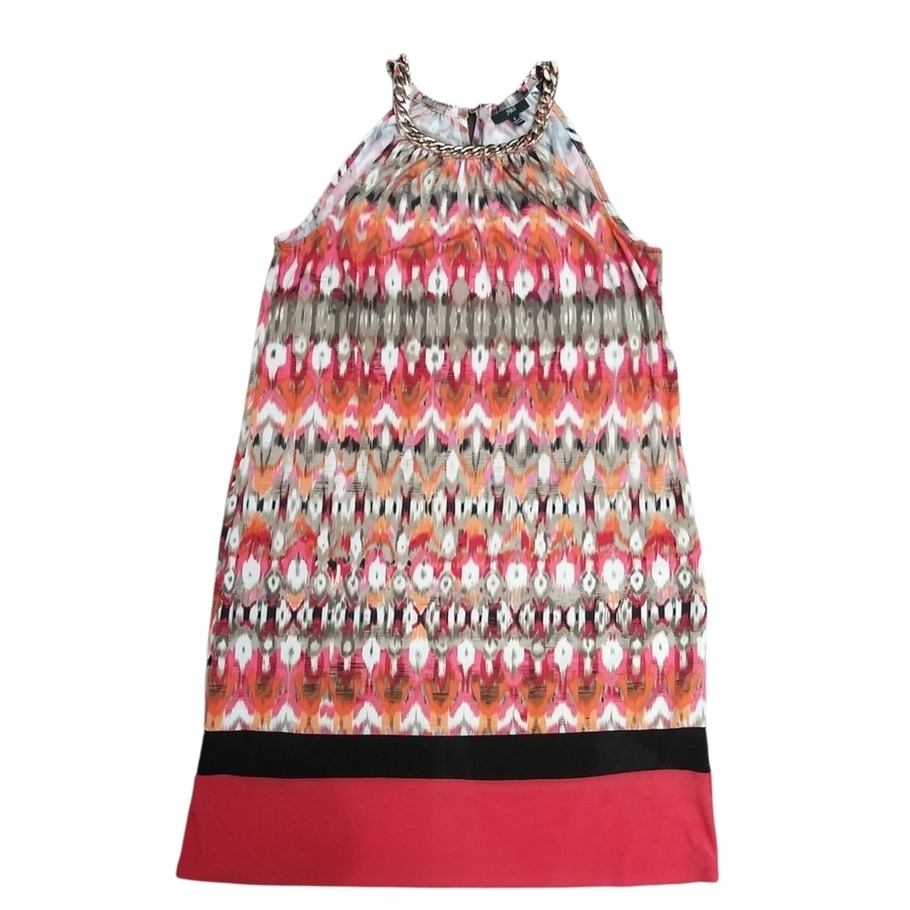 Abstract Print Orange Dress with Golden Chain Neckline Sz M